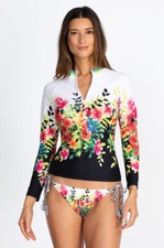 Johnny Was Floral Border Surf Long Sleeve Shirt Rash Guard Top Black XXL Sea NEW