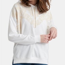 Lucky Brand Cotton Crochet Embroidered Hoodie in White and Cream Small