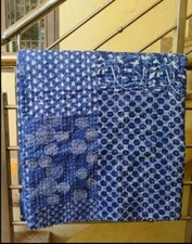 Indian Blue Indigo Print Kantha Quilt,Blanket Cotton King Size Bedspread Throw