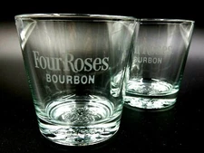 NEW FOUR ROSES BOURBON SET OF TWO(2) "DEEP ROSE" RELIEF-LOGO ROCKS GLASSES