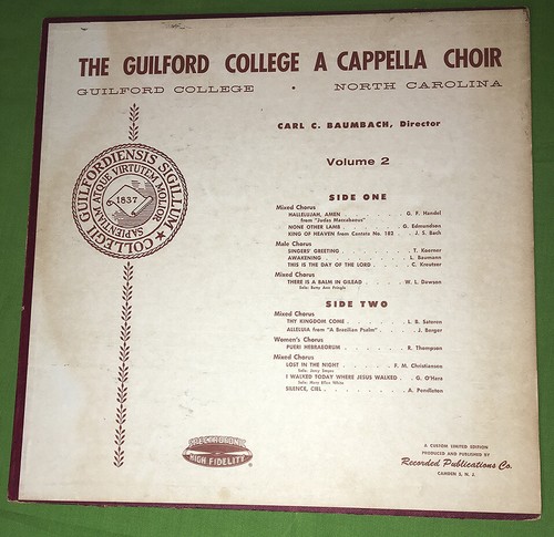Guilford College A CAPPELLA CHOIR North Carolina Vinyl LP Carl Baumbach 1950’s - Picture 1 of 3