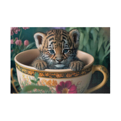 Baby Tiger Cub in Vintage Tea Cup Big Cat Jigsaw Puzzle 1014 Pieces 28.5X19'' in.