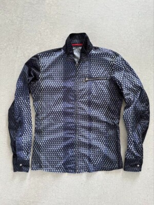 PRADA Total Pattern Zip Up Jacket men's S Logo Satin Navy Blue