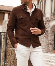 Men's BROWN Suede Leather Shirt 100 Pure SOFT Lambskin Casual Wear Suede Shirt