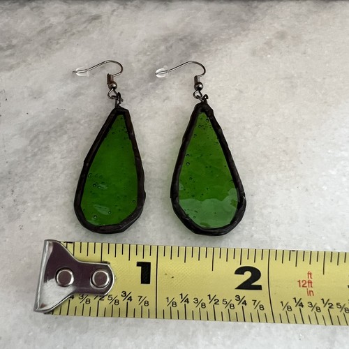 Artisan Handmade Green ๐ Teardrop Stained Glass Pierced Dangling Earrings - Picture 5 of 5