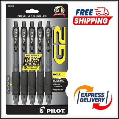 Pilot G2 Premium Gel Pens, Black Pens, Bold Point 1 mm, Pack of 5, Black