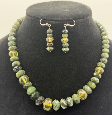 Jay King ''Mine Finds'' Nephrite Jade & Green Amber Necklace/Earrings 19-21 