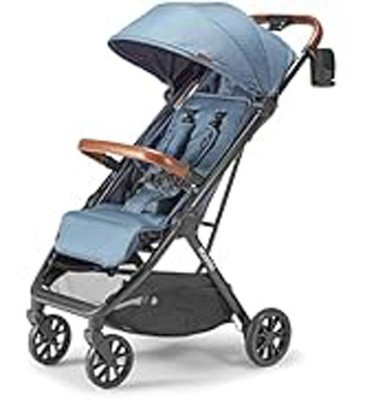 Bombi Bēbee V2 Lightweight Stroller, Vegan Leather, One-Hand Fold-Storm Blue