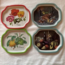 Vintage Small Metal Tin Toleware Floral & Wine Snack Tip Trinket Trays Set Of 4