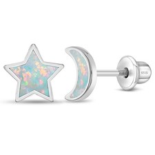 Opal Moon and Star Children's / Girls Earrings Screw Back - Sterling Silver