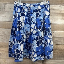 Talbots Vintage Blue White Tropical Hibiscus Floral Pleated A-Line Midi Skirt 8