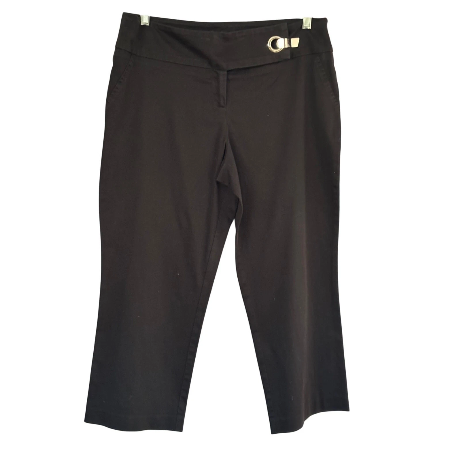 Cache Black Crop Pant Silver Metal Self Belt Buckle Stretch Cotton Spandex