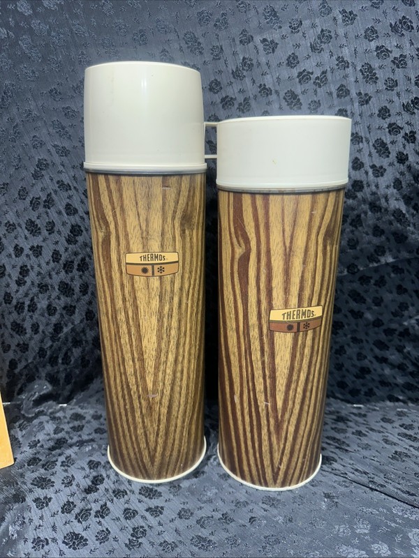 Two Vintage Thermos King Size Wood Grain Quart Size Made In Usa