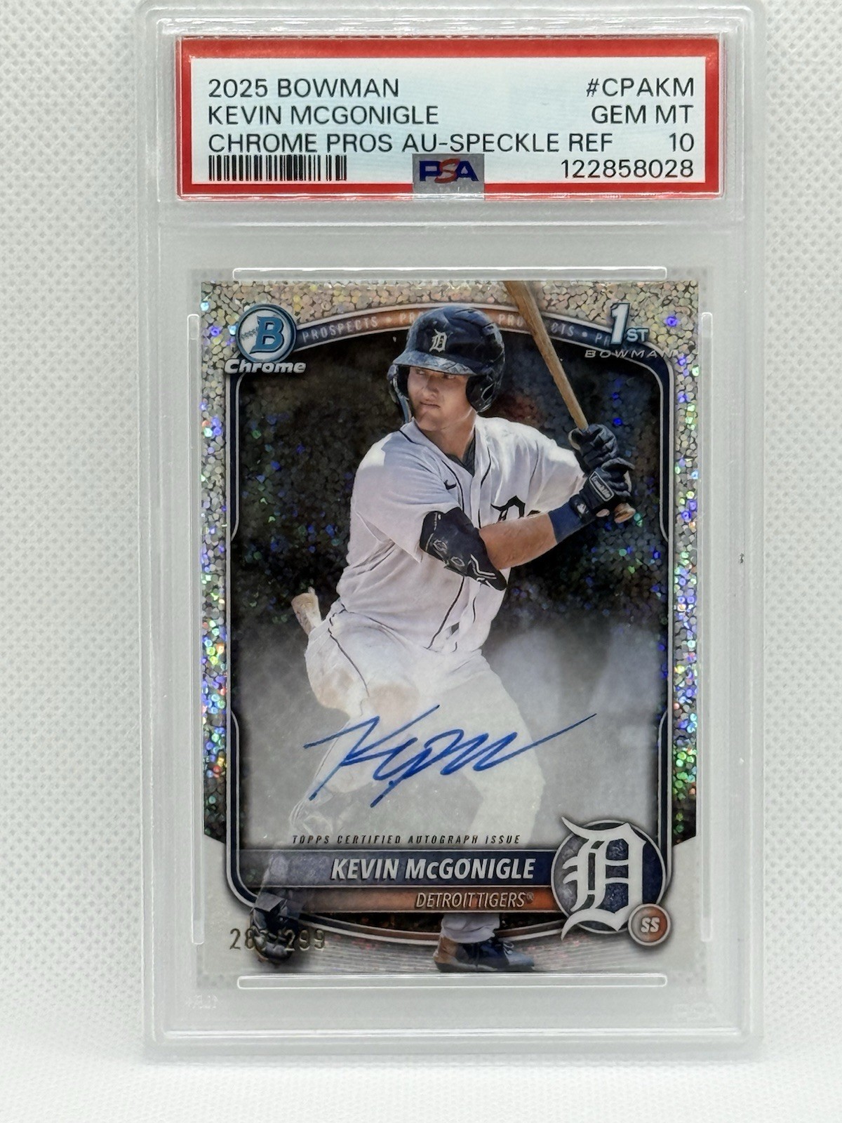 2025 Bowman chrome Kevin McGonigle 1st Auto Speckle /299 PS A 10 cpa-km
