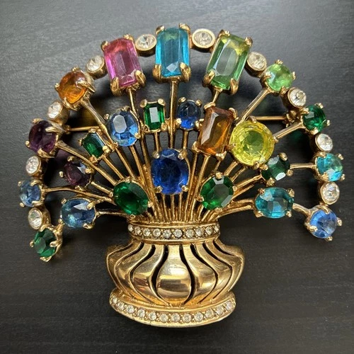 Vintage Signed Eisenberg Multi Color Rhinestone Flower Basket Brooch Large Gold