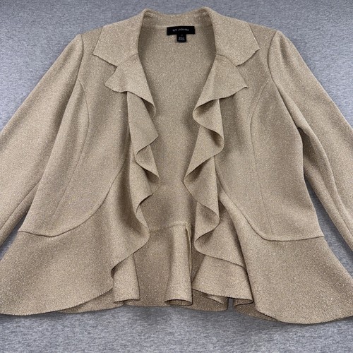 St. John 10 Knit Cardigan Jacket Gold Shimmer Drape Ruffle Open Front Wool Blend - Picture 6 of 13