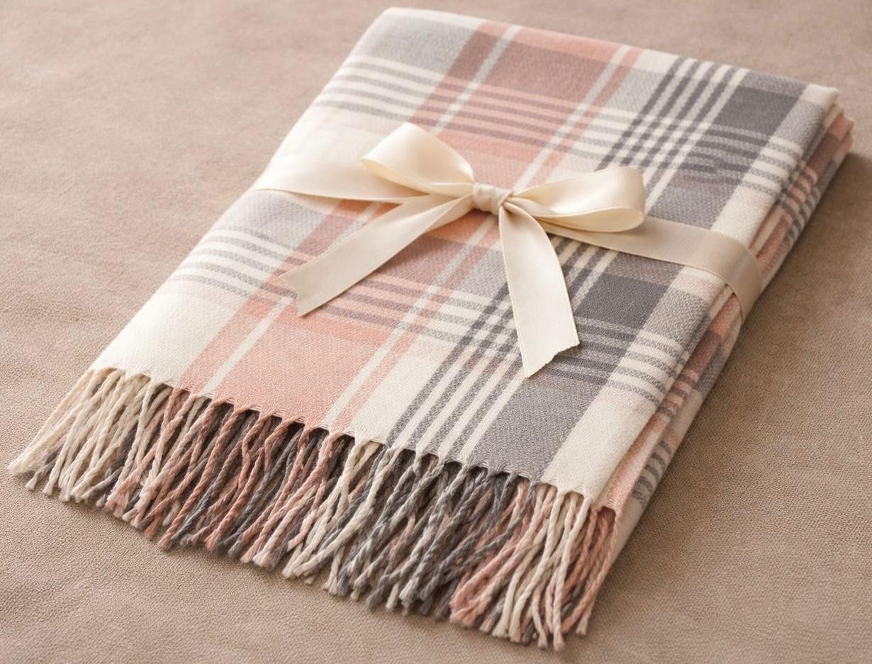 Scarf Plaid Oversized Warm Winter Shawl Wrap Cozy Fringe Blush Beige Gray thumbnail 2