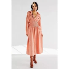 Free People Monika Shirt Midi Dress V-Neck Drop Shoulder Smocked Size Small