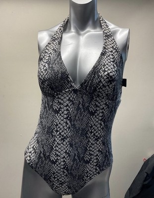 CATALINA ONE PIECE SWIMSUIT Reptile Black White Grey Halter Top Lined Size Small