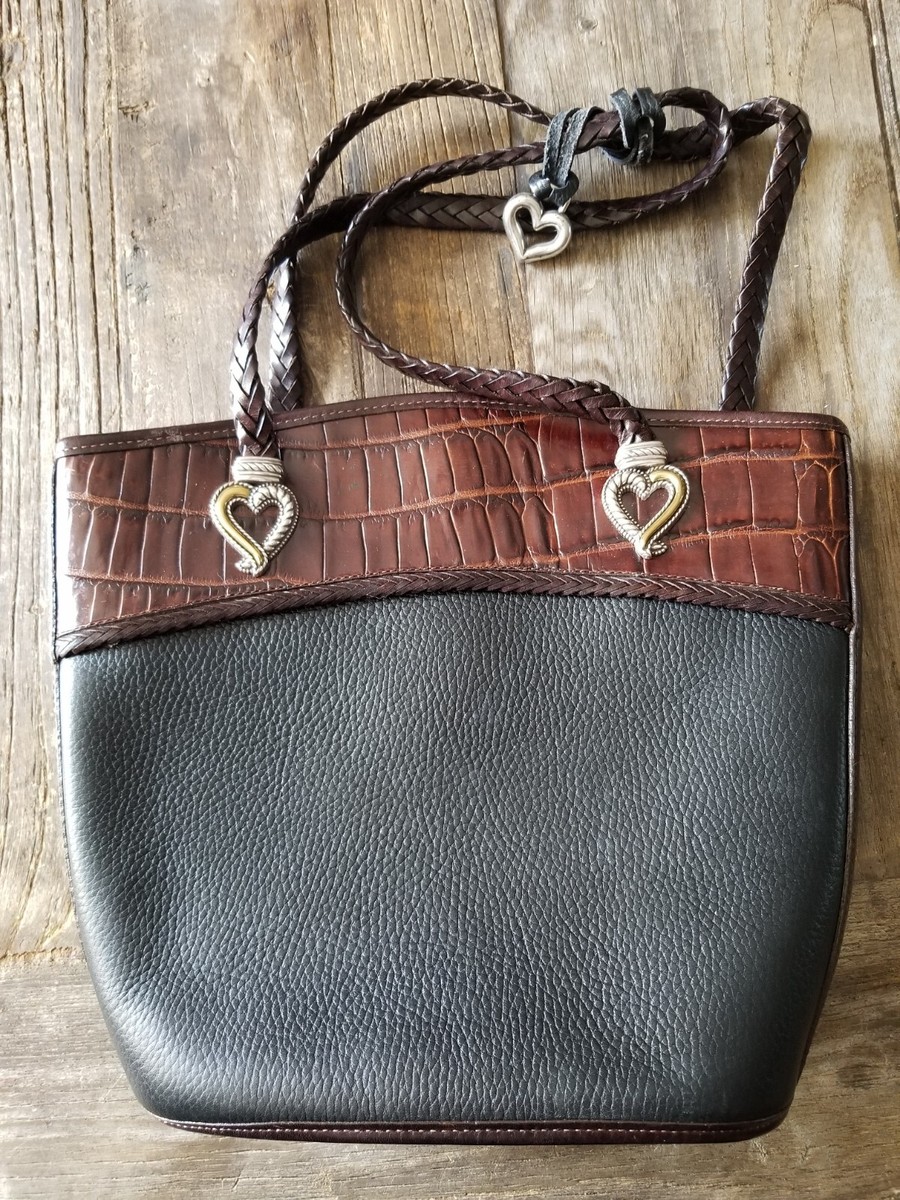 BRIGHTON Heart Black Leather Brown Croc Large Shoulder Handbag