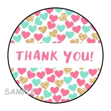 30 THANK YOU HEARTS ENVELOPE SEALS LABELS STICKERS 1.5" ROUND GIFTS PINK GOLD