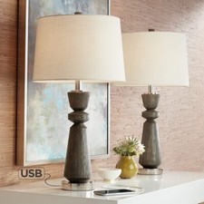 Modern Table USB Charging Lamp Natural Wood Grain Drum Lamps plus 26  H Set of 2