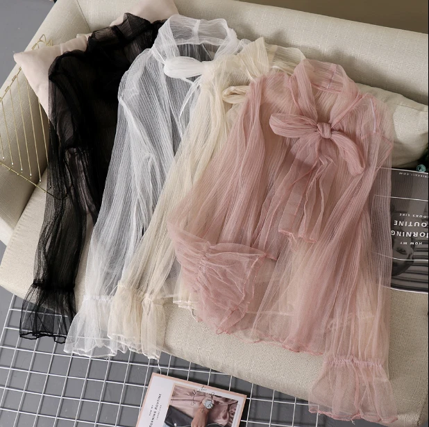 Women Tulle Bow Tie Neck Sheer Basic Shirt Party Pullover Casual Top Blouse New