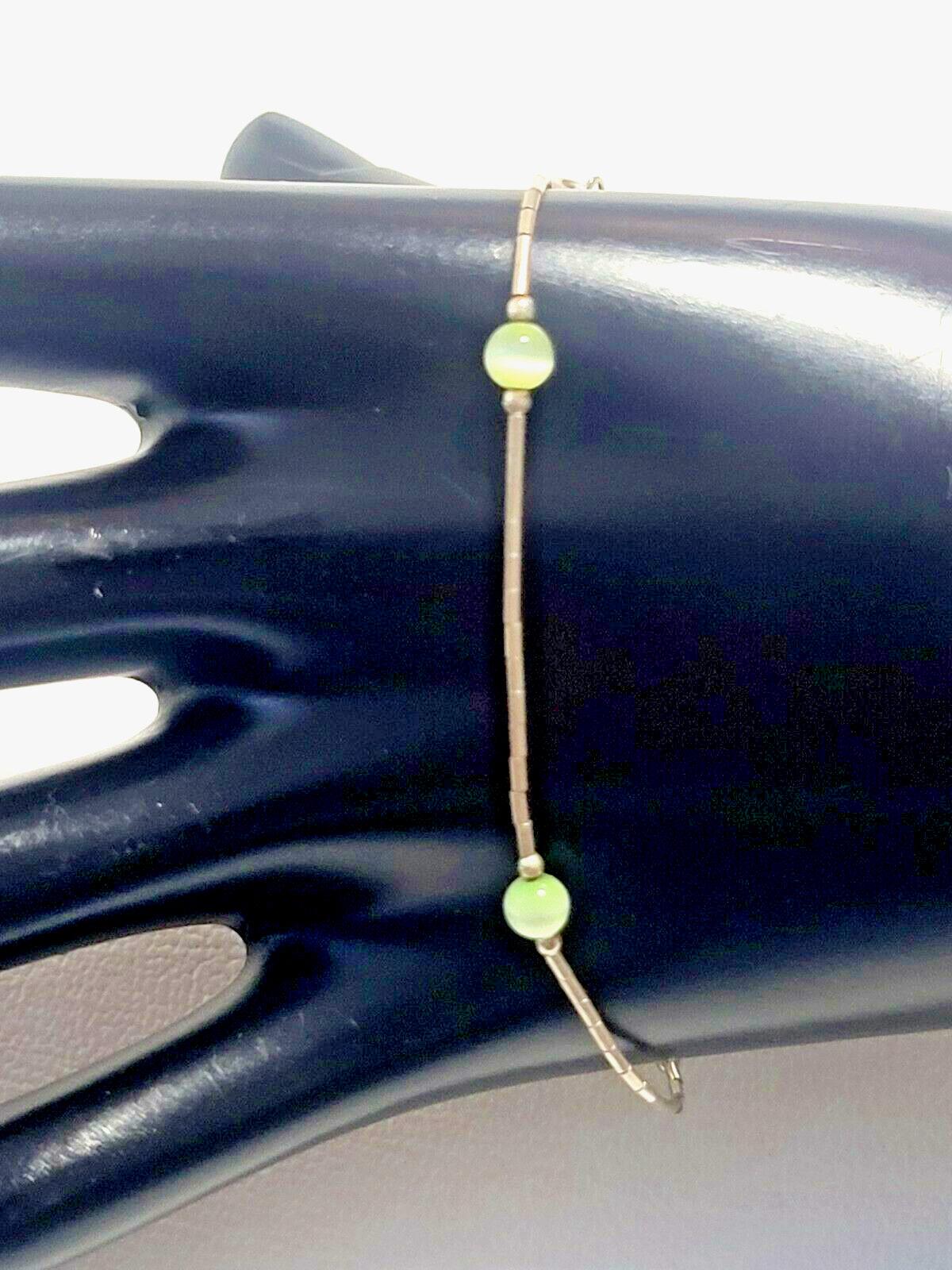 925 Silver Green Cat's Eye Anklet Bracelet 10