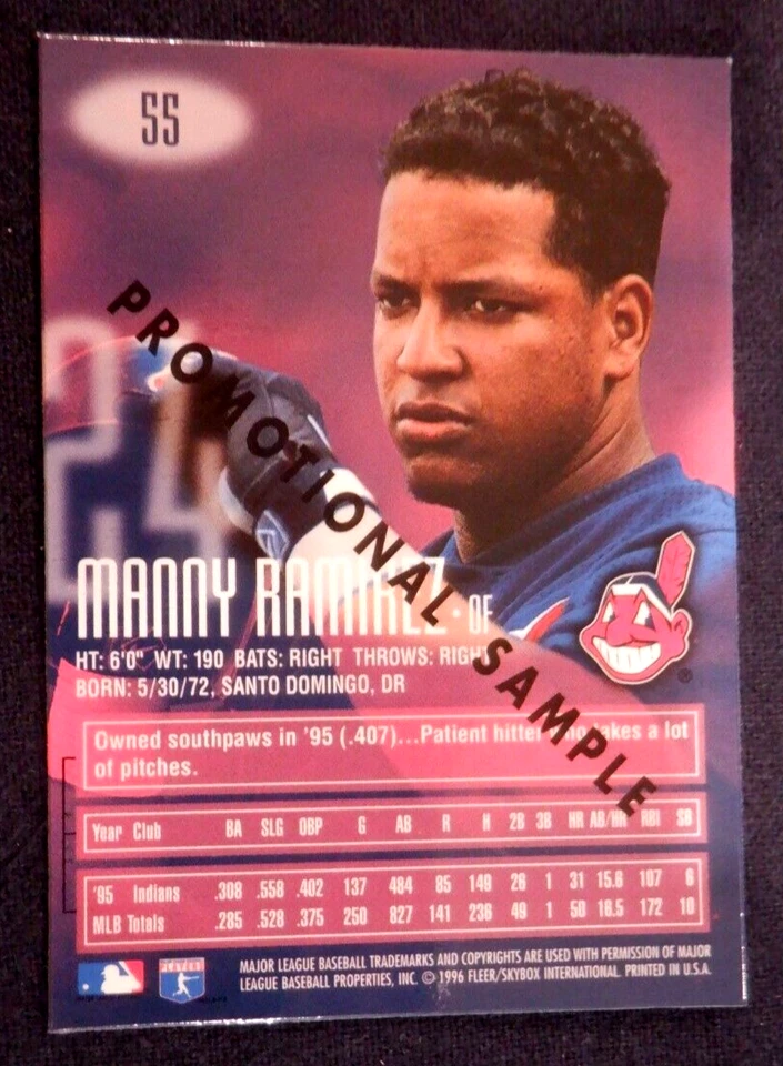 Manny Ramirez Fleer Skybox Excel Sample card 55, 1996 MLB, Cleveland Indians - Image 2 of 2