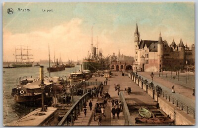 Postcard Antwerp Anvers Belgium Port Steamships Masted Ship Hotel St Antoine P3H