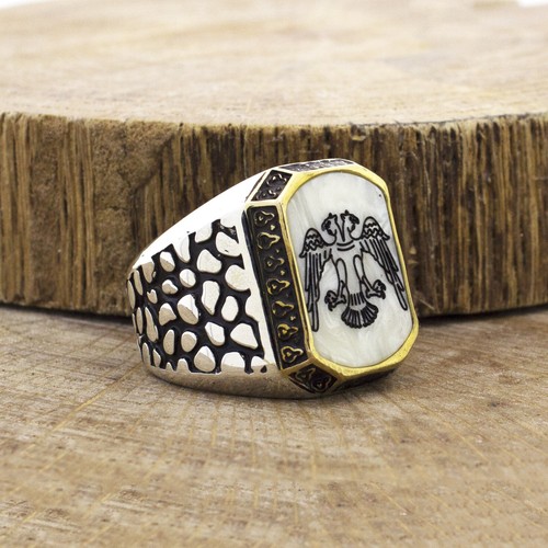 Solid 925 Sterling Silver Double Headed Eagle on Mother of Pearl Stone Men Ring - Picture 2 of 4