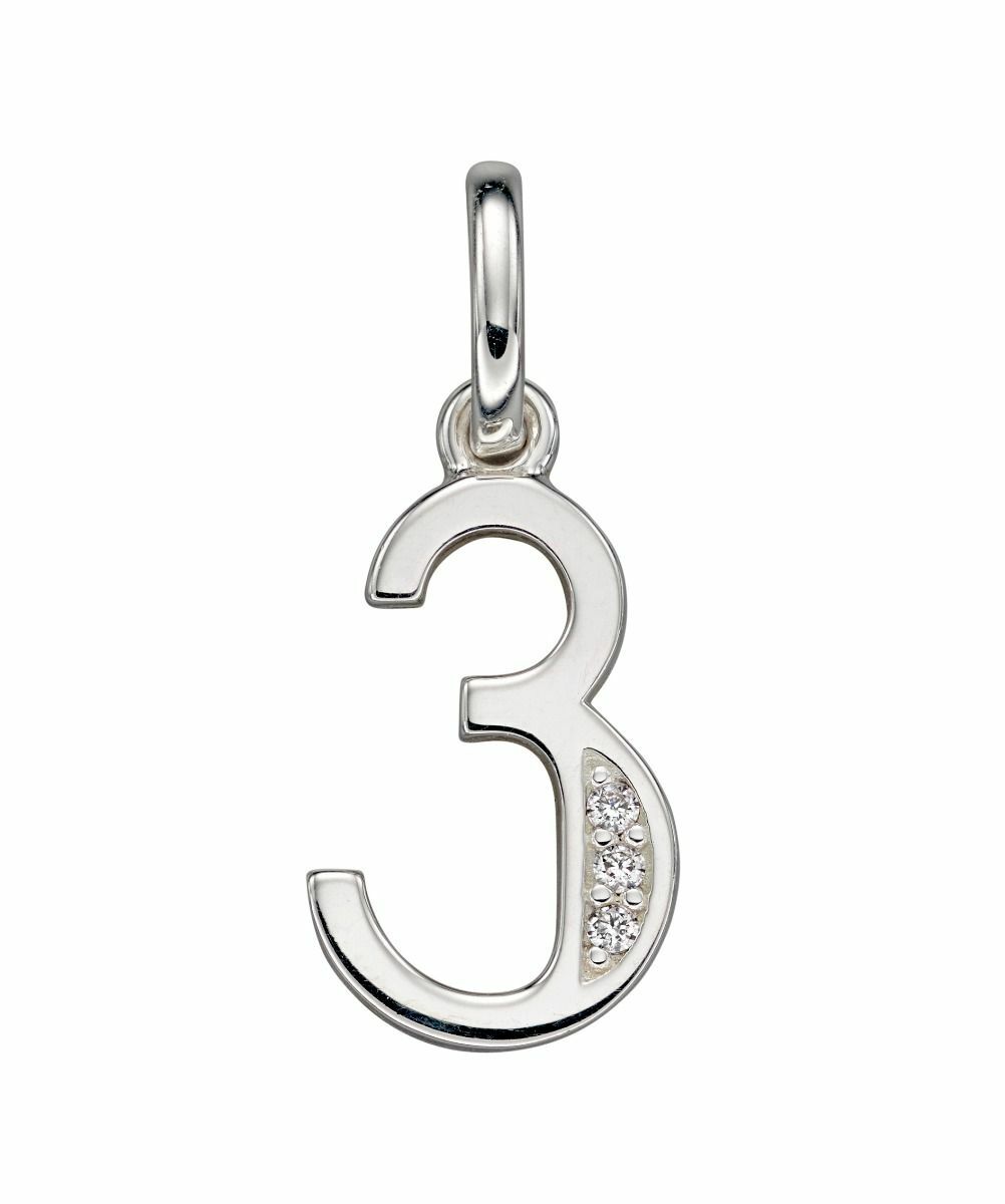 925 Sterling Silver Art Deco Number '3' Crystal Cubic Zirconia Pendant Necklace