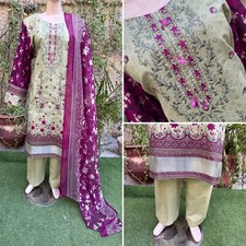 Pakistani Pista Green Printed Straight Shirt 3-PCS Lawn Suit w/ Thread work ,XL