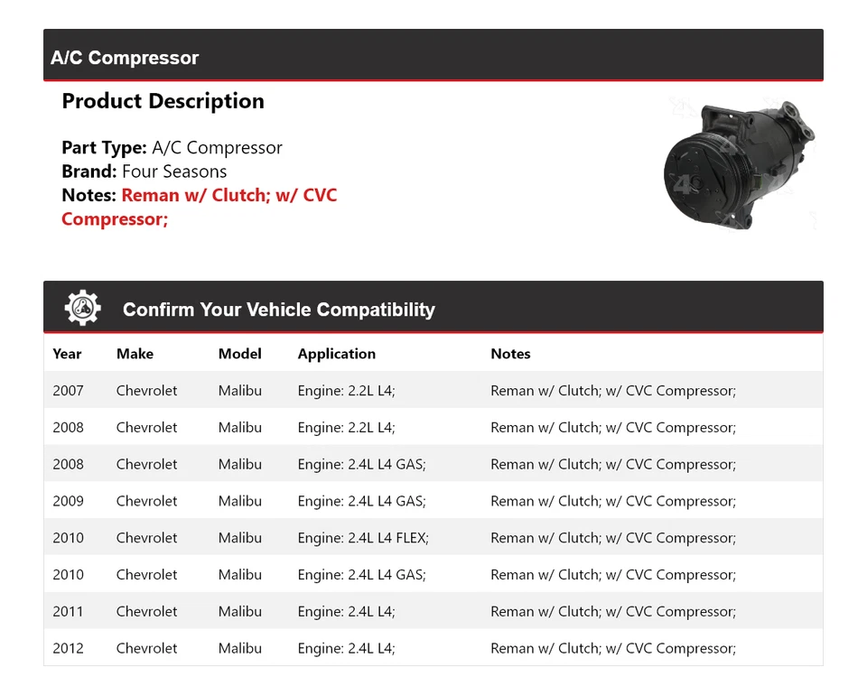 Compresor de aire acondicionado Chevrolet Malibu 2007-2012 4 estaciones 2008 2009 2010 2011 Foto 2 de 4