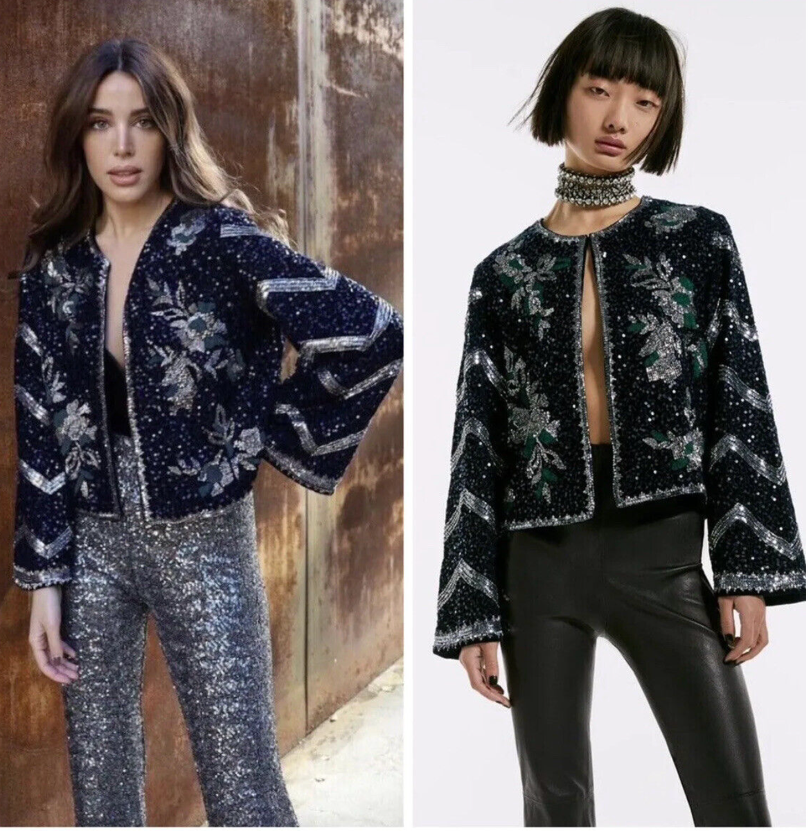Veste Blazer Zara Argenté à Paillettes Et Perles - Style Boléro/kimono, Taille M, Neuf Avec étiquette