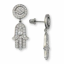 14K Solid White Gold Evil Eye  Jewish Hamsa Hand Screw Back Dangle CZ Earrings