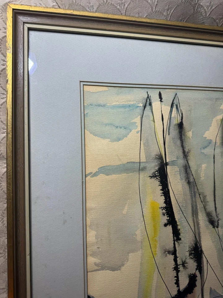 Pintura Acuarela Impresionista Vintage "Escena de Veleros" - Enmarcada Foto 2 de 4