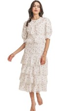 Just Me Bohemian Floral Lace Tiered Ruffles Dress Ivory Pink Cottagecore Small
