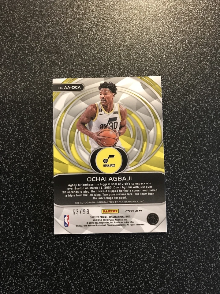 2022-23 Spectra Ochai Agbaji Silver Prizm Aspiring Rookie Auto RC #53/99 Jazz - Image 3 of 3