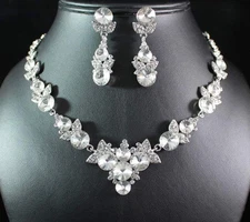 FLORAL CLEAR AUSTRIAN RHINESTONE CRYSTAL NECKLACE EARRINGS SET BRIDAL N1605