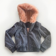 Jou Jou Gray-Green Jacket With Peach Faux Fur Hood/Lining Girls 7-8 Zippers 