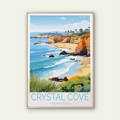 Crystal Cove Newport Beach, Blue Sky Art Travel Poster Print Wall Art