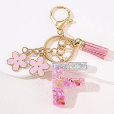 Pink  Gold Letter F Flower Tassel Charm Keychain Keyring, Resin/Metal