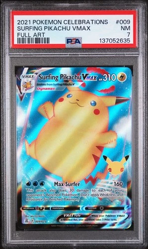 2021 POKEMON CELEBRATIONS #009 FULL ART/SURFING PIKACHU VMAX PSA 7