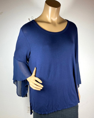 Pebble & Stone Size 1X Blue Top With Flowing Chiffon Sleeves Side Vents Step Hem
