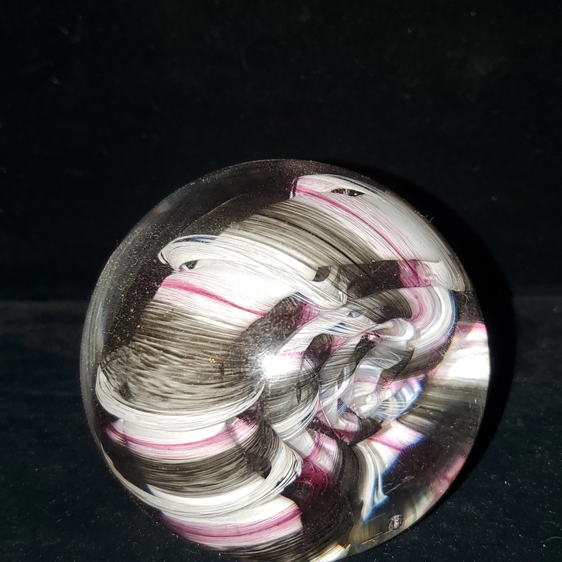 Caithness Art Glass Swirl Paperweight Clear White Purple Black Engraved