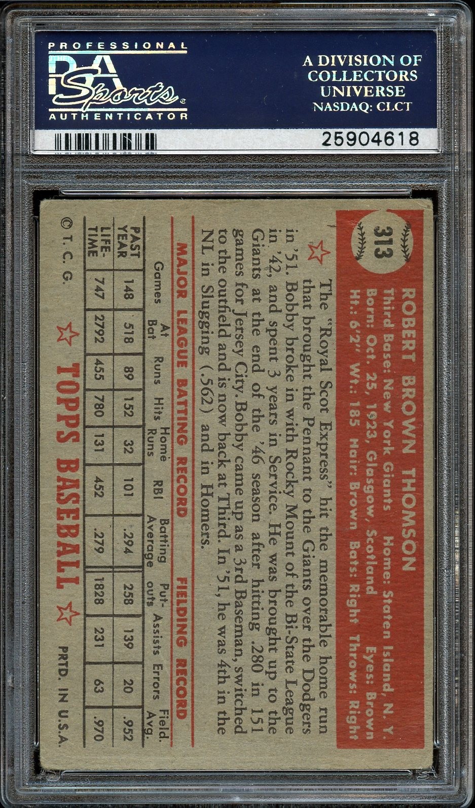 1952 Topps #313 BOBBY THOMSON graded PSA 2.5 view 2