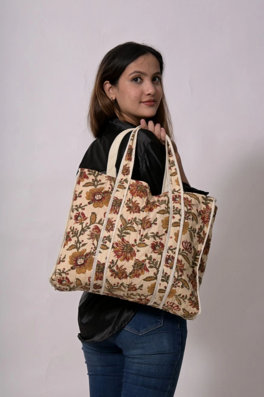 Beige Floral Print Cotton Tote Bag Indian Handmade Shopping Handbag Designer Bag