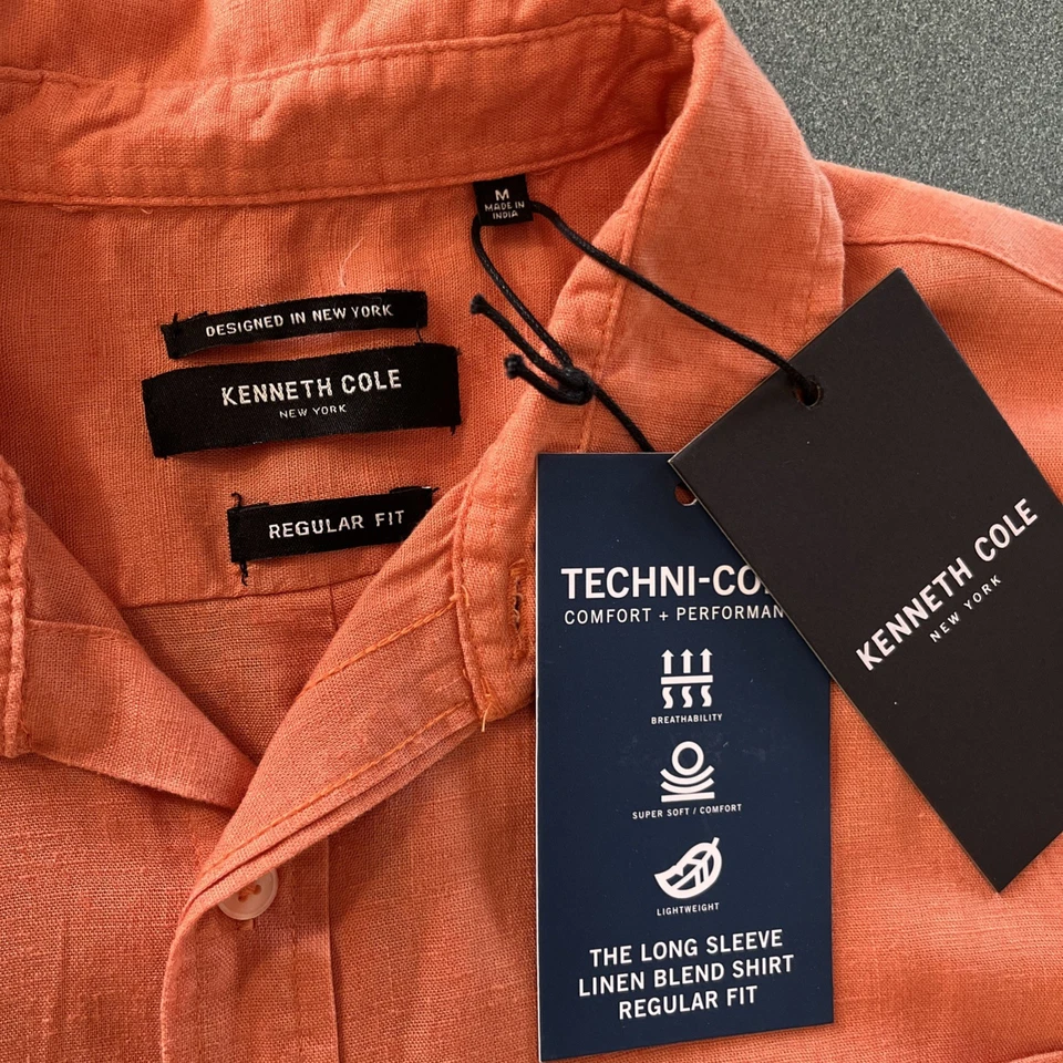 Kenneth Cole New York Men’s Long Sleeve Linen Blend Regular Fit Sz M Coral Shirt - Image 2 of 4