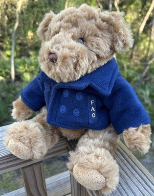 FAO Schwarz Brown Teddy Bear Navy Peacoat Jacket 12  Stuffed Animal Plush Toy